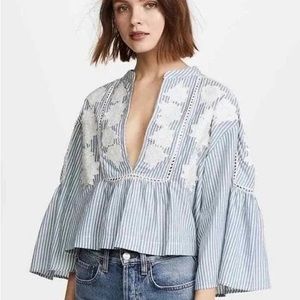 Free People Liya embroidered floral striped blouse top blue white size XS